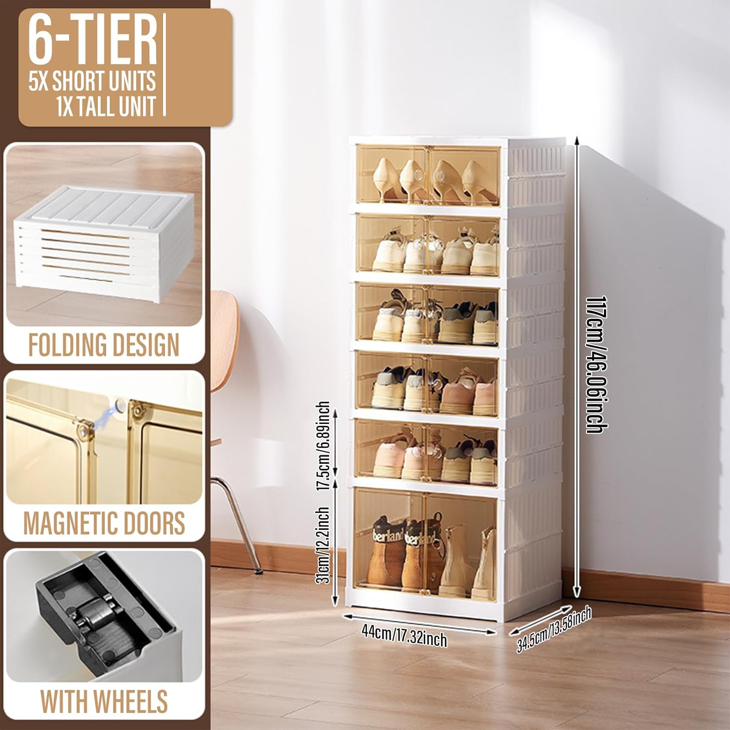 6 Tier Foldable Shoe Rack Organizer Clear Collapsible Storage Box No Assembly Plastic Stackable for Closet Entryway