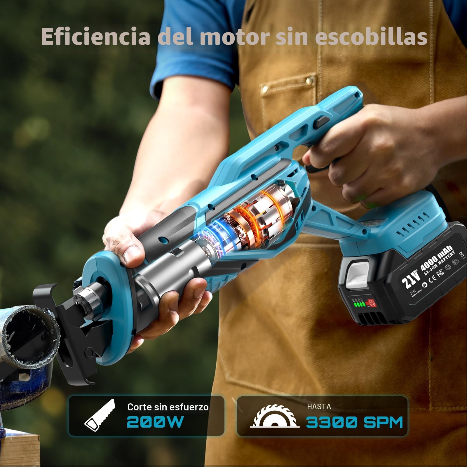SEESII Sierra Sable, Sierra Alternativa de 2 Baterías 21V 4.0Ah, motor sin escobillas 3300 RPM, 8 cuchillas Para madera, metal, PVC, Obra y Jardín