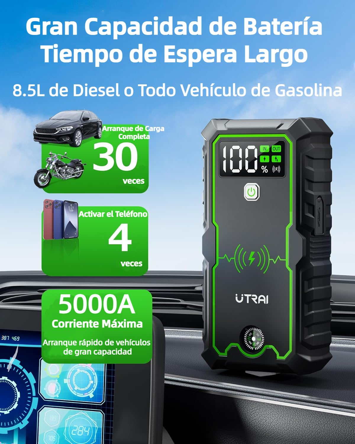6000A 27000mAh Arrancador de Baterias de Coche con Brújula,Martillo de Seguridad,Carga inalámbrica de 10,Linterna LED,UTRAI 12V Arrancador de Coches Portátil para Todo de Gasolina o 10L de Diésel