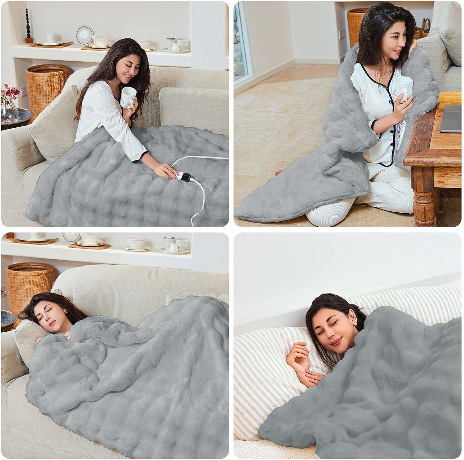 Heated Blanket Throw with 6 Fast Heating Levels,4 Hours Auto-Off,50x60 Cozy Faux Rabbit Fur Bubble Washable Electric Blanket with Overheating Protection,ETL Certification(Light Gray) - Image 7