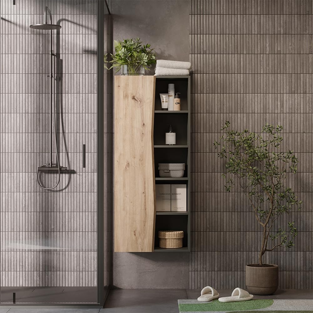 Vicco Meuble Salle de Bain Willow, Chêne Artisan/Anthracite, 56x130cm avec 5 Compartiments Ouverts, adapté au Montage Mural et à différentes Tailles de Salle de Bain