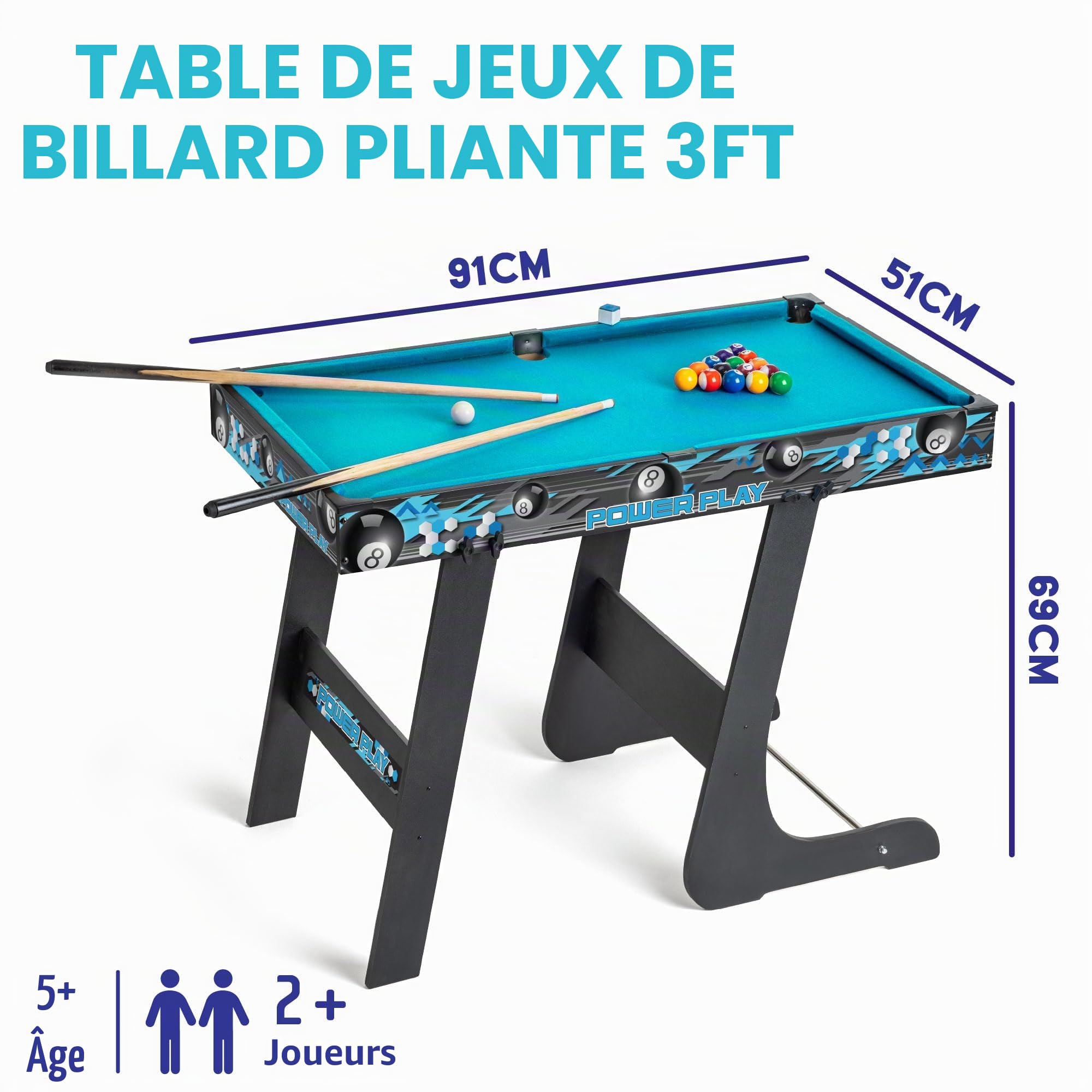 Powerplay 3ft Pool Table, Mini Table Pool Game for Kids & Adults, Compact & Portable, Easy Storage, Gift for Boys and Girls