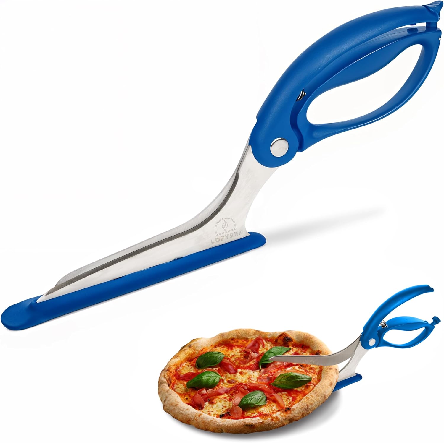Loftern Blue Pizza Scissors – Non-Stick Pizza Scissors with Firm Grip Base – Food Grade Stainless Steel Pizza Cutter – 5-in-1 Food Slicer & Pizza Server – Durable, Safe & Mess Free