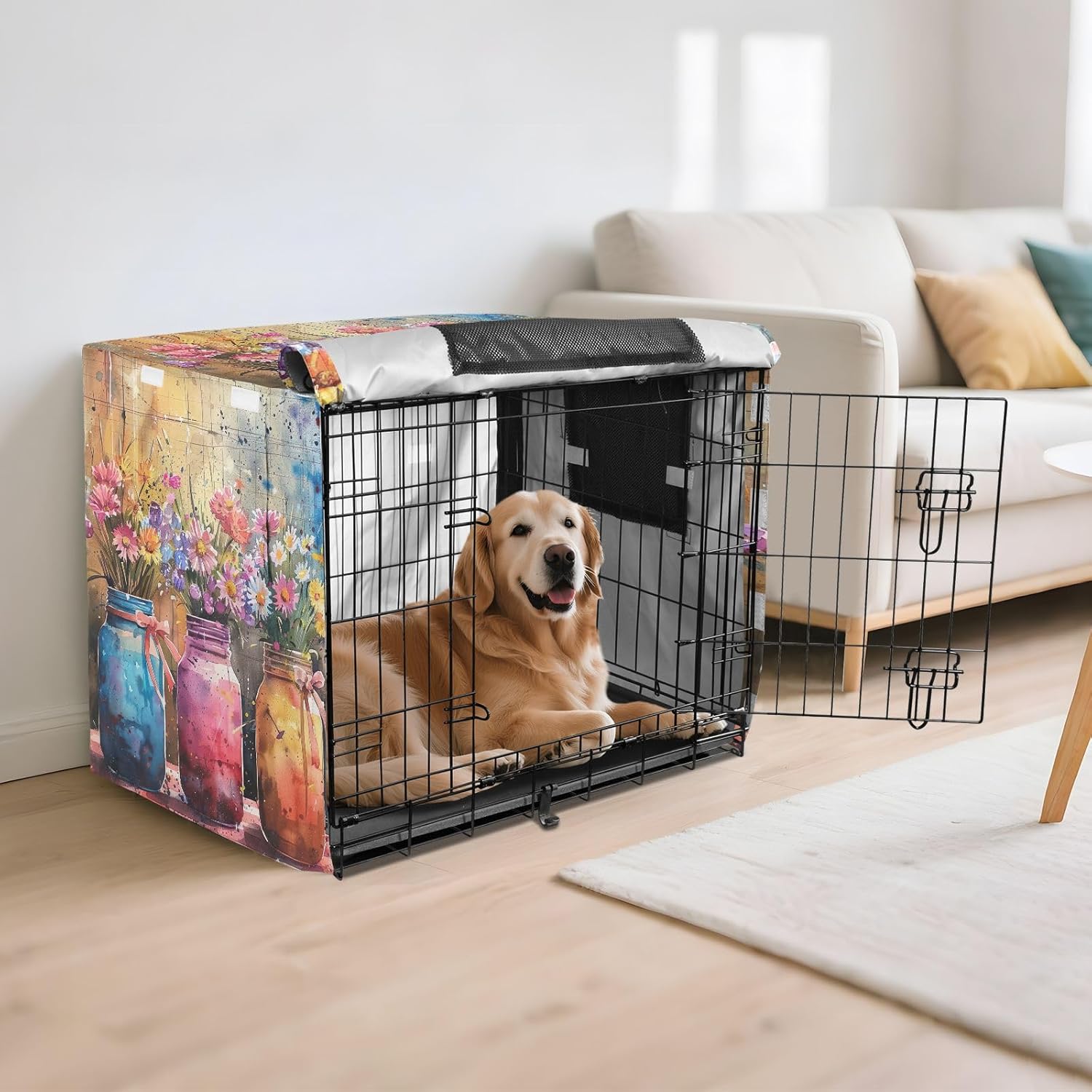Colorful Mason Jars Spring Flowers Dog Crate Covers Roll-up Sides, Pet Cage Cover with Mesh Windows, X-Large