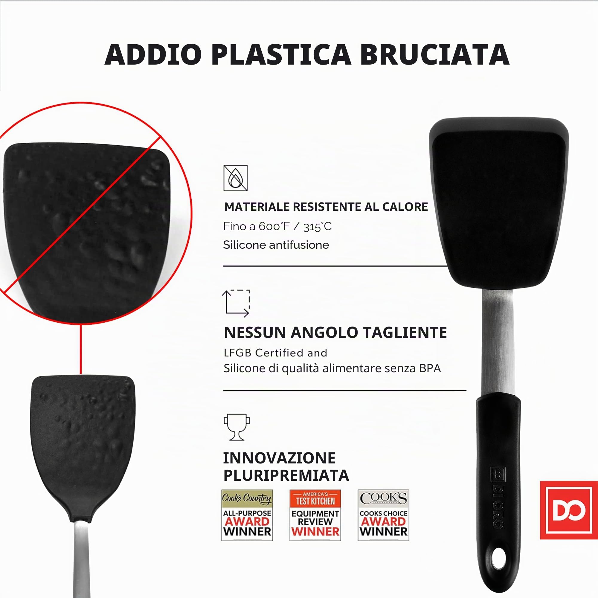 DI ORO® - Serie Chef - Spatola standard in silicone e acciaio inossidabile - Resistente al calore fino a 315°C - La migliore paletta da cucina - Perfetto per uova e frittelle