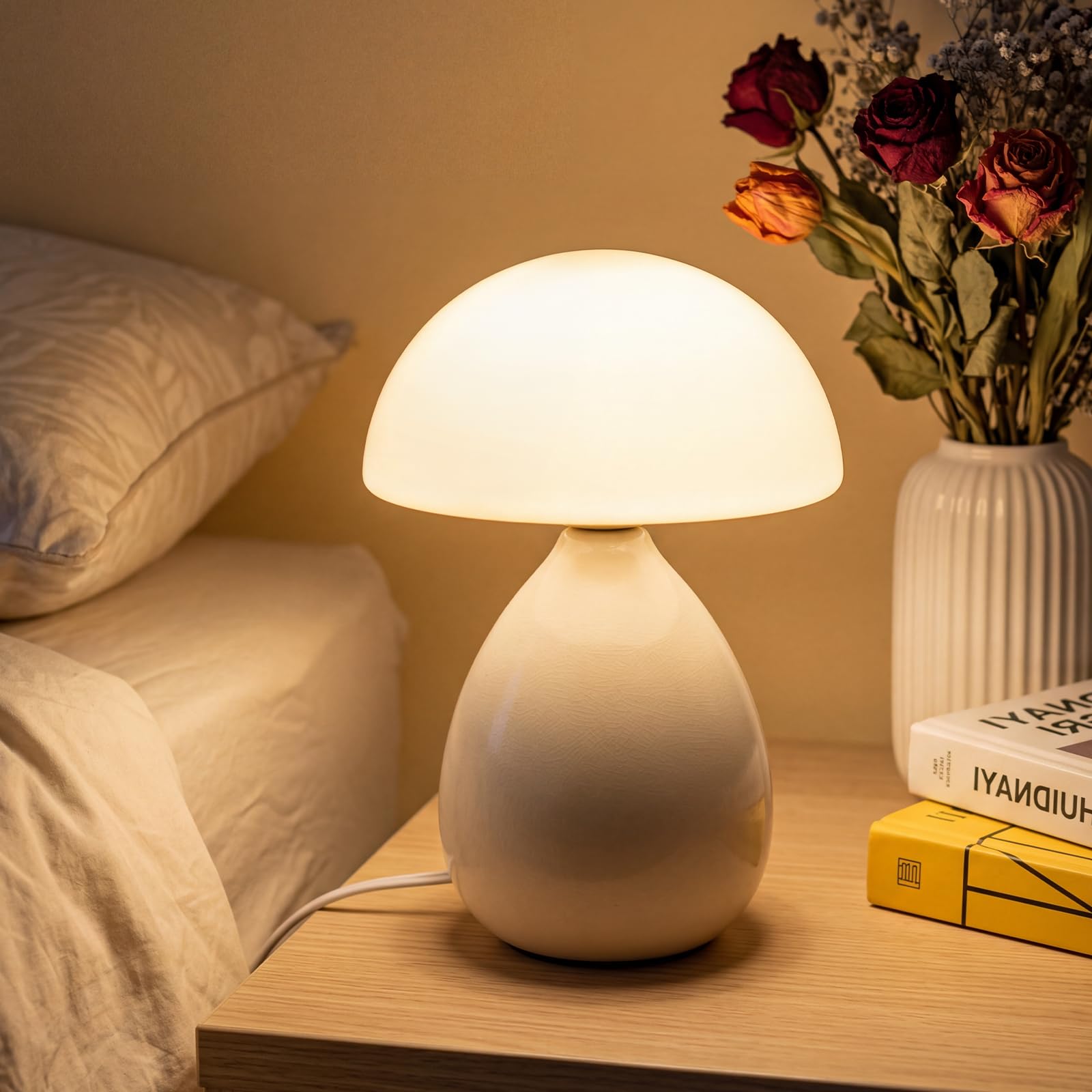 Small Mushroom Table Lamp for Bedside & Nightstand, White | Cute, Tiny, Modern, Ceramic, Glass, Unique, Aesthetic, Bedroom, Living Room, Office, Home Decor, Birthday Gifts for Women