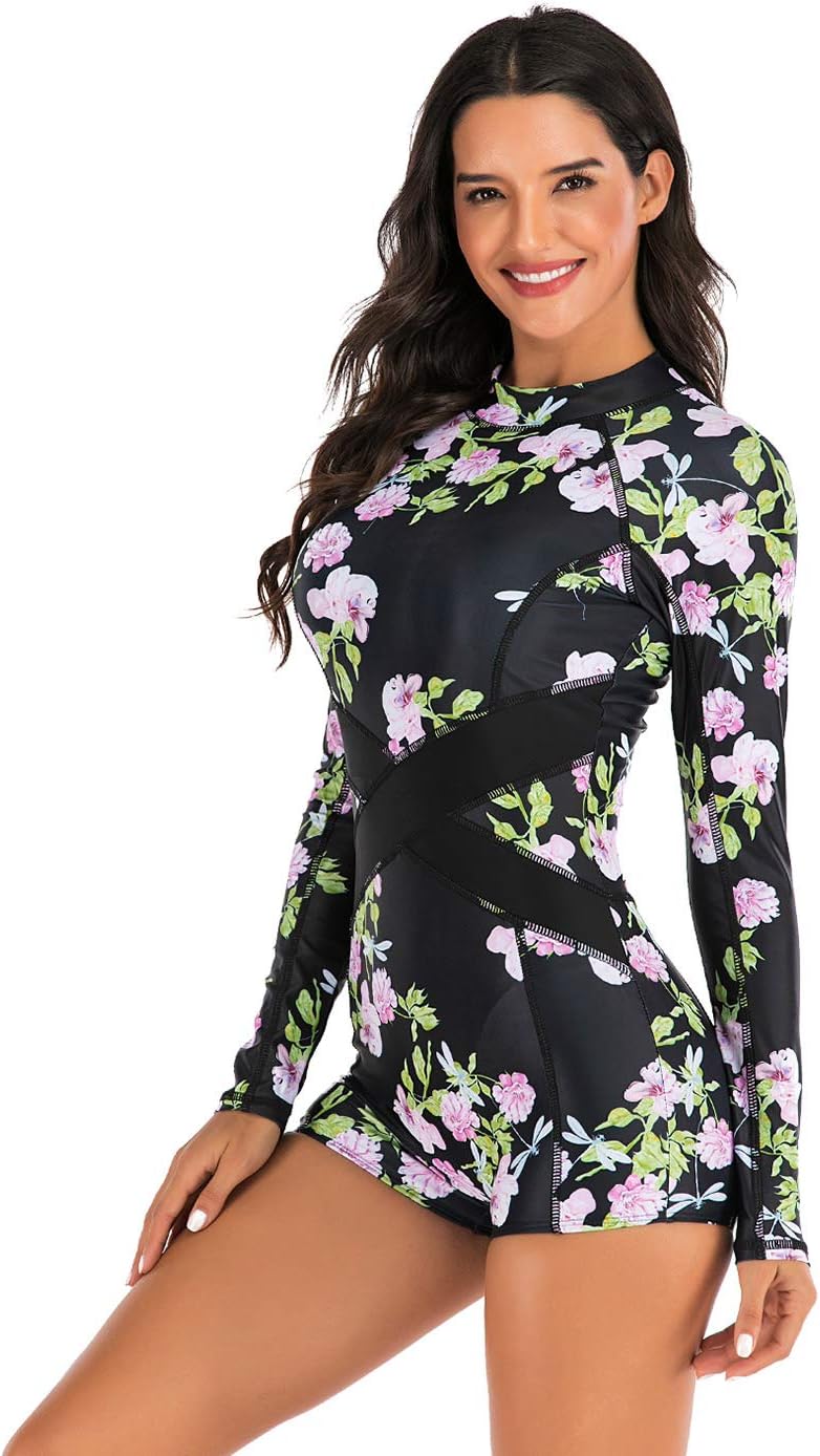 Aivtalk Rash Guard Suit for Women Long Sleeve One Piece Swimsuit Tummy Control UV Protection Bathing Suits Swimwear