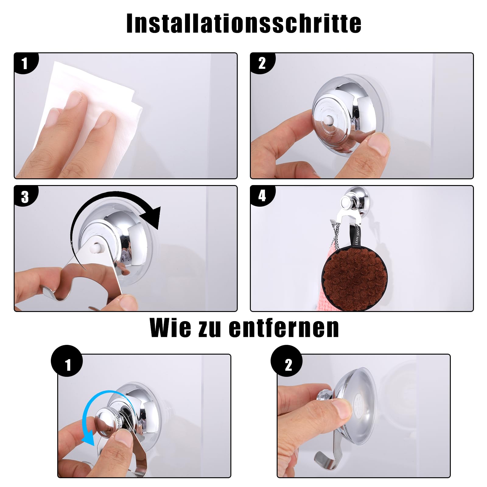 Set da 4 ganci a ventosa, ganci portasciugamani rimovibili senza foratura, ganci a ventosa in acciaio inossidabile, adatti per il bagno (argento) | Leroy Merlin