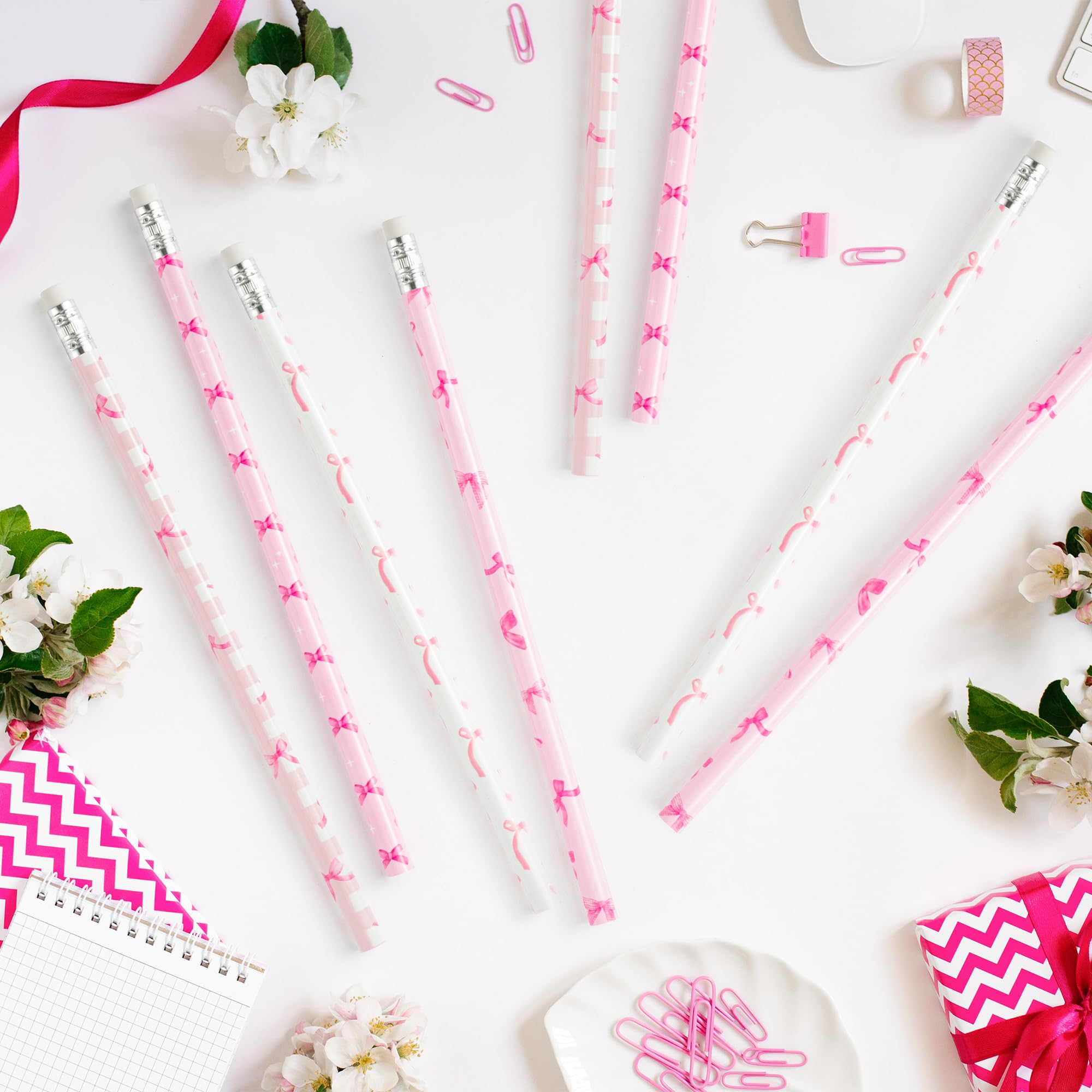 Xqumoi Bleistifte mit Radiergummi, 60 Stück, Kokett-Rosa mit Schleife, Nr. 2, HB-Bleistifte, Belohnungen für Schulklassenzimmer, Studenten, Schule, Büro, Party, Goodie-Bag-Füller