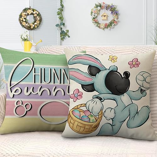 Miniatura 4 de Fahrendom Juego de 4 fundas de almohada decorativas de Feliz Pascua de 18 x 18 pulgadas, diseño de conejito de caricaturas, ratón, conejo, huevos,