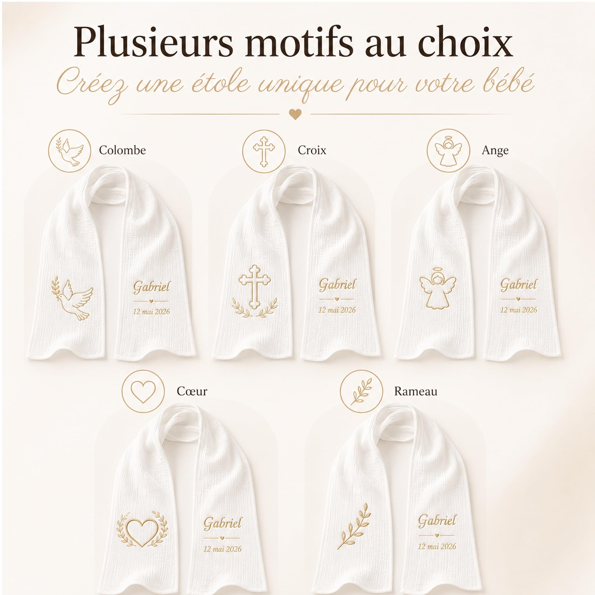 Écharpe de Baptême Personnalisée Bébé – Double Gaze de Coton Brodée Prénom & Date – Étole Baptême Blanche Douce et Légère – Cadeau Baptême avec Coffret Cadeau(Modèle 17)
