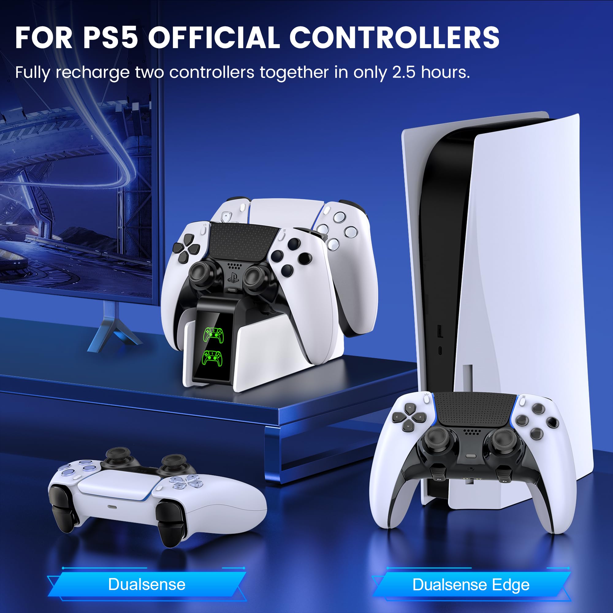 PS5, stazione di ricarica per controller PS5, set di accessori per Dualsense Wireless/Edge, stazione di ricarica per controller PlayStation 5 con ricarica rapida 2 ore, luce RGB fredda