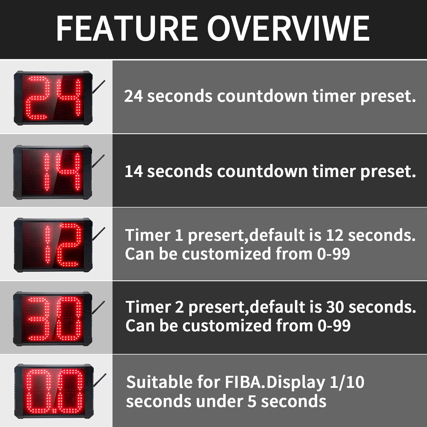 Basketball Shot Clock Timer,12/24/25/30/35/40/60 Seconds Countdown Timer, Portable Shot Clock with Buzzer for All Sports