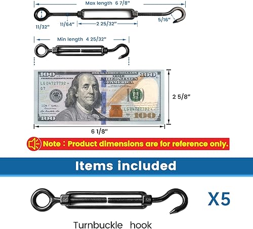 Miniatura 25 de Muzata Paquete de 5 tensores de gancho y tensores de ojo M4 para cable de cable T304 Tensor de cable de acero inoxidable Kit de cuerda de alambre