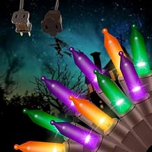 XMASHOME19.6ft Brown Wire Purple Green Orange String Lights, 100 Count Incandescent Halloween Lights Purple Green Orang, 100 Lights Mini 100L, Brown Wire,Multi