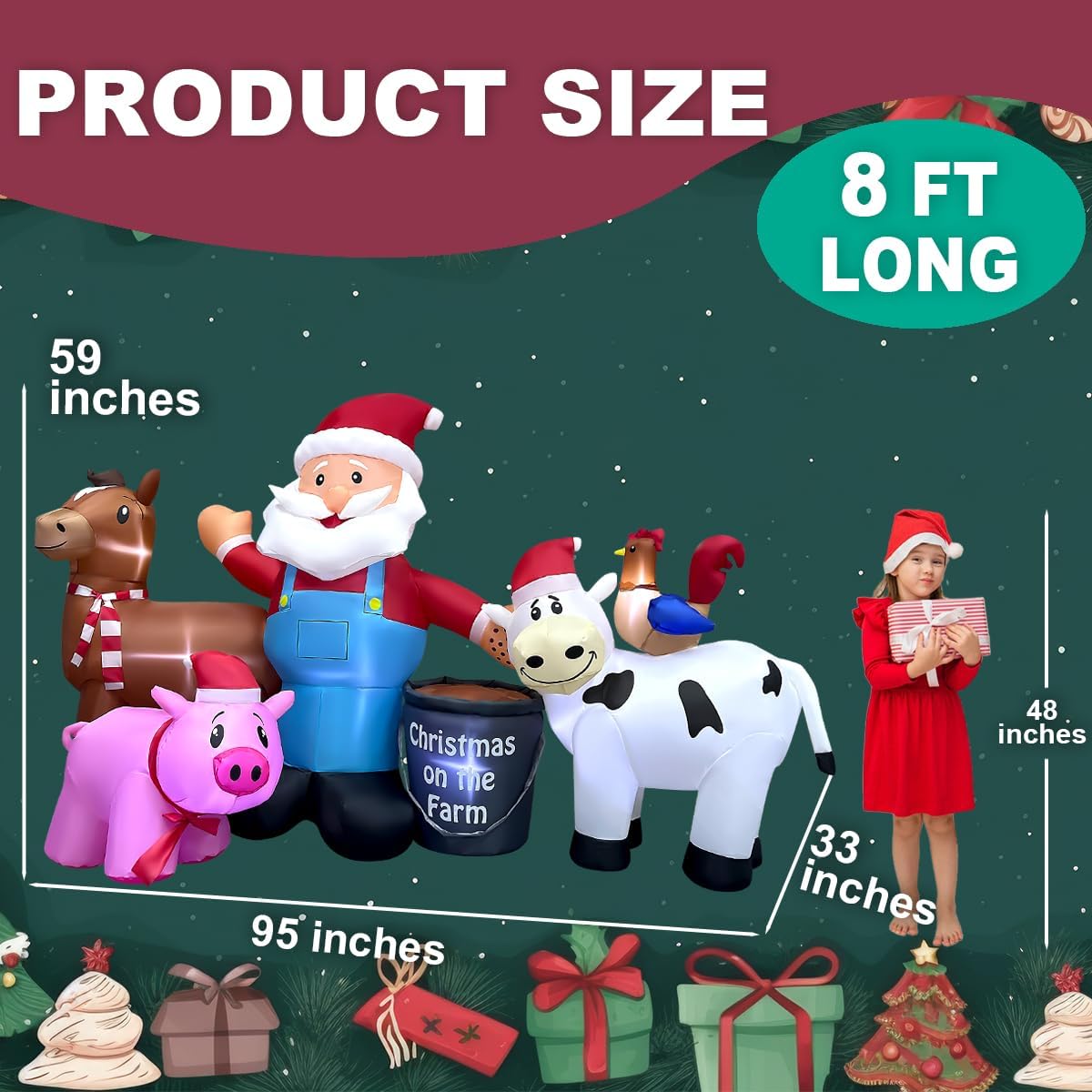 8ft Long Christmas Inflatables Santa Farm Scene Decorations Built-in LED Lighted Blow Up Decoration Home Yard Outdoor Indoor Garden Lawn Decor