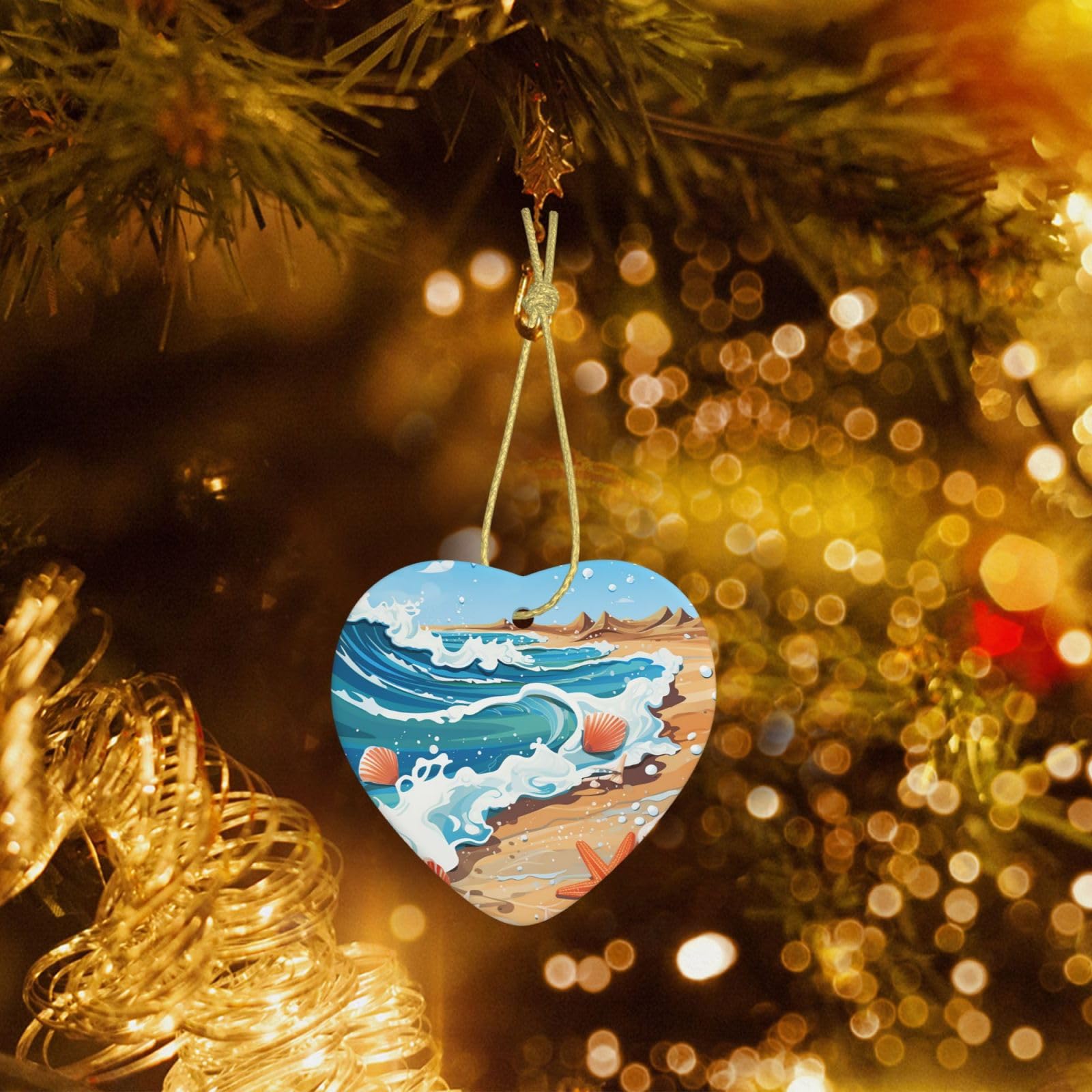 Christmas Heart Shaped Ornaments 1 Pcs, Double-Side Ceramic Xmas Tree Hanging Ornament with Gold String Seashells and Waves Personalized Porcelain 2025 Christmas Pendent