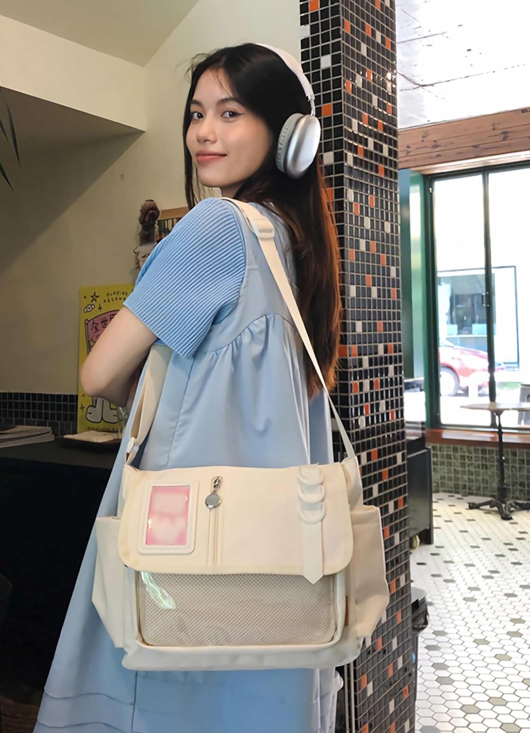 black ita messenger bag for women, large capacity cute pin display crossbody bag, kawaii purse with bottle holder