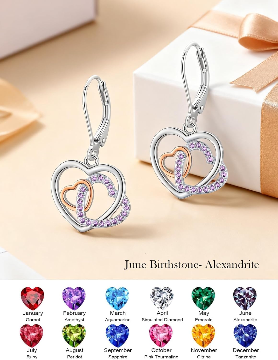 Birthstone Drop Earring 925 Sterling Silver Heart Dangle Earrings Double Heart Jewelry Gifts for Women Valentine's Day - Image 2
