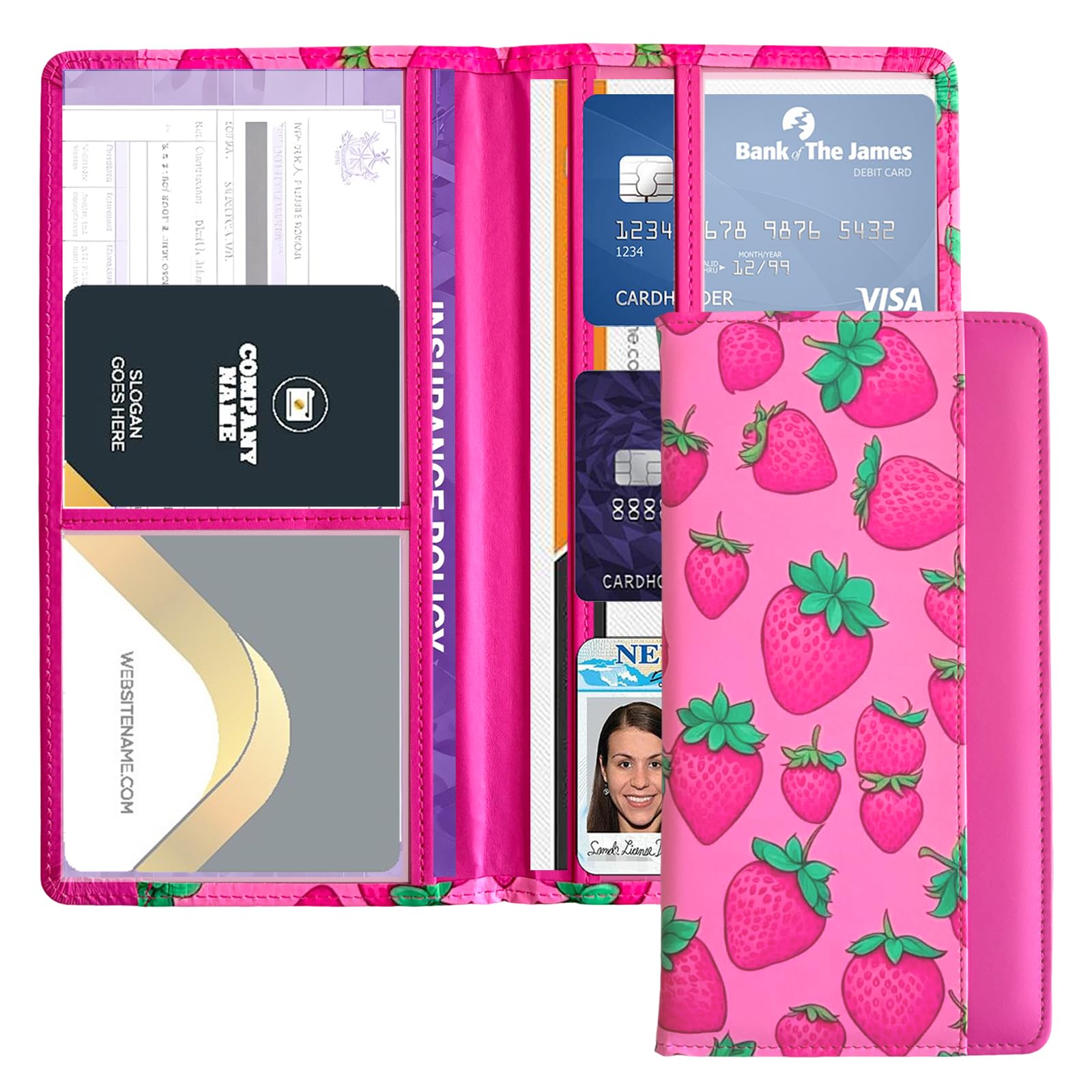 Porta libretto e assicurazione auto con chiusura magnetica, organizer universale per documenti per patente, carte di assicurazione e vano portaoggetti (fragola, rosa acceso)
