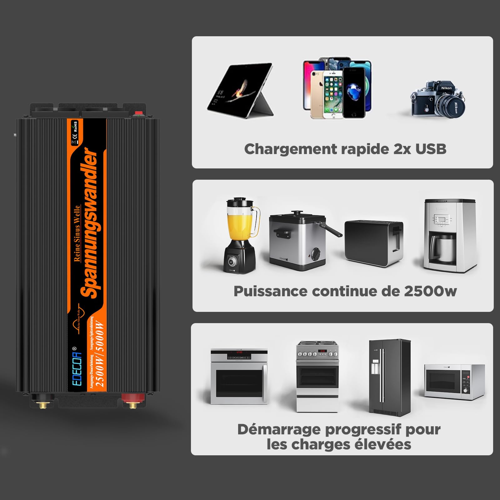 EDECOA Convertisseur Pur Sinus 12v 220v convertisseur 2500w Pur Sinus avec télécommande Convertisseur 12v 220v (2500w Nouvelle télécommande)