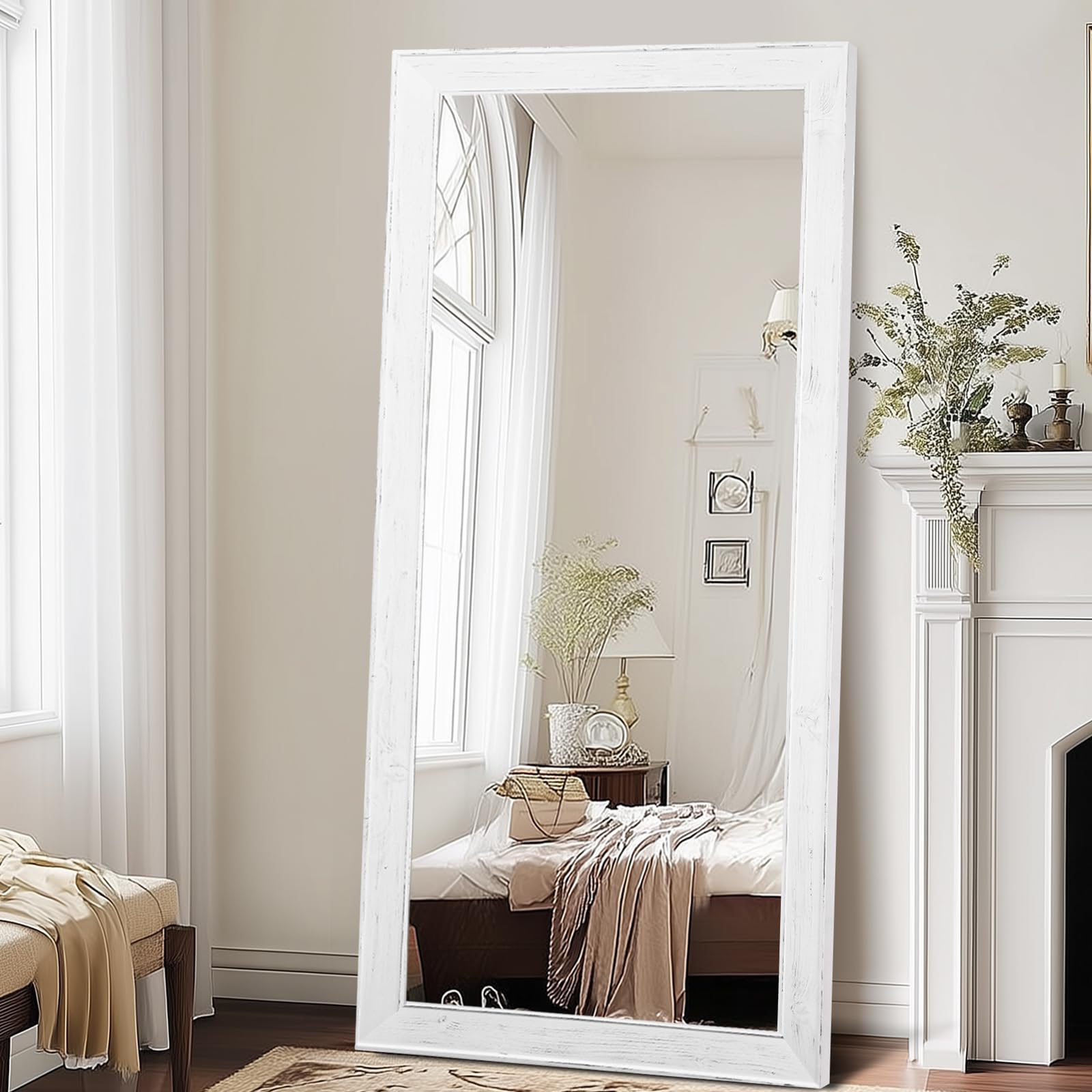 71x32in Full Length Mirror, Rustic White Beveled Wood Frame