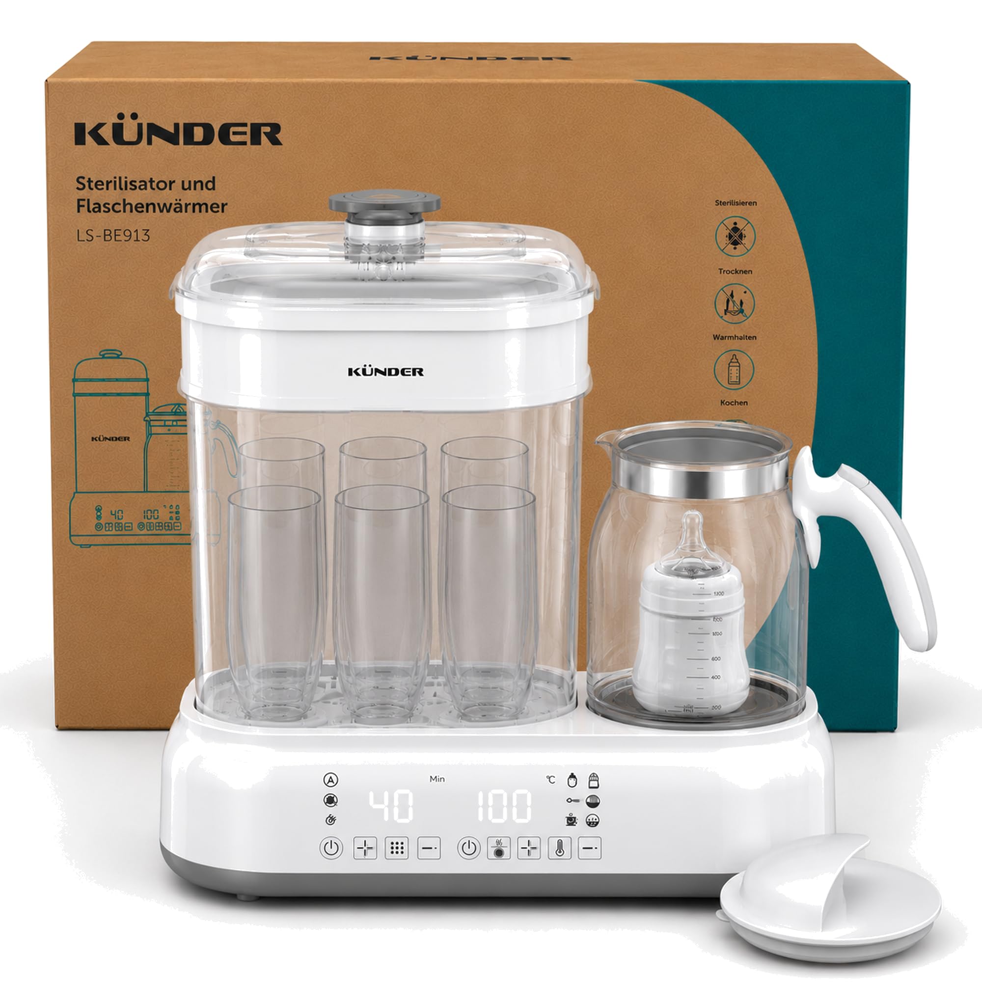 Babyflaschen Sterilisator mit integriertem 1,2 L Glas-Wasserkocher | Sterilisieren, Trocknen und Erwärmen in einem Gerät