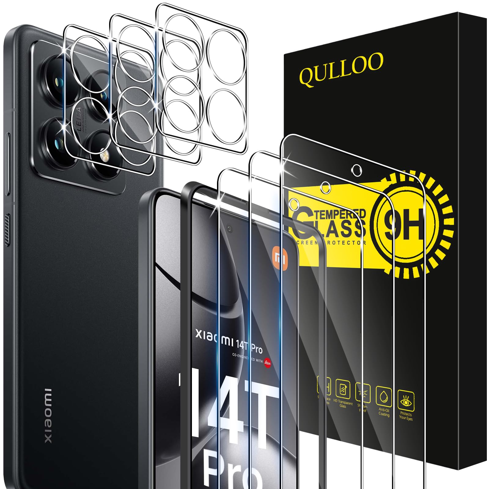 QULLOO Szkło hartowane do Xiaomi 14T Pro, 3 sztuki szkła ochronnego i 3 sztuki folii na aparat, twardość 9H, odporna na zarysowania HD, przezroczysta osłona ekranu