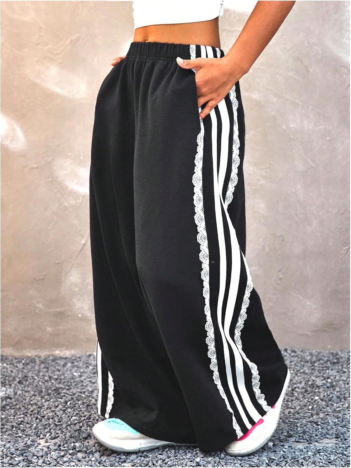 MakeMeChic Girl's Striped Baggy Sweatpants Workout Running Wide Leg Sweat Track Pants Athletic Wear