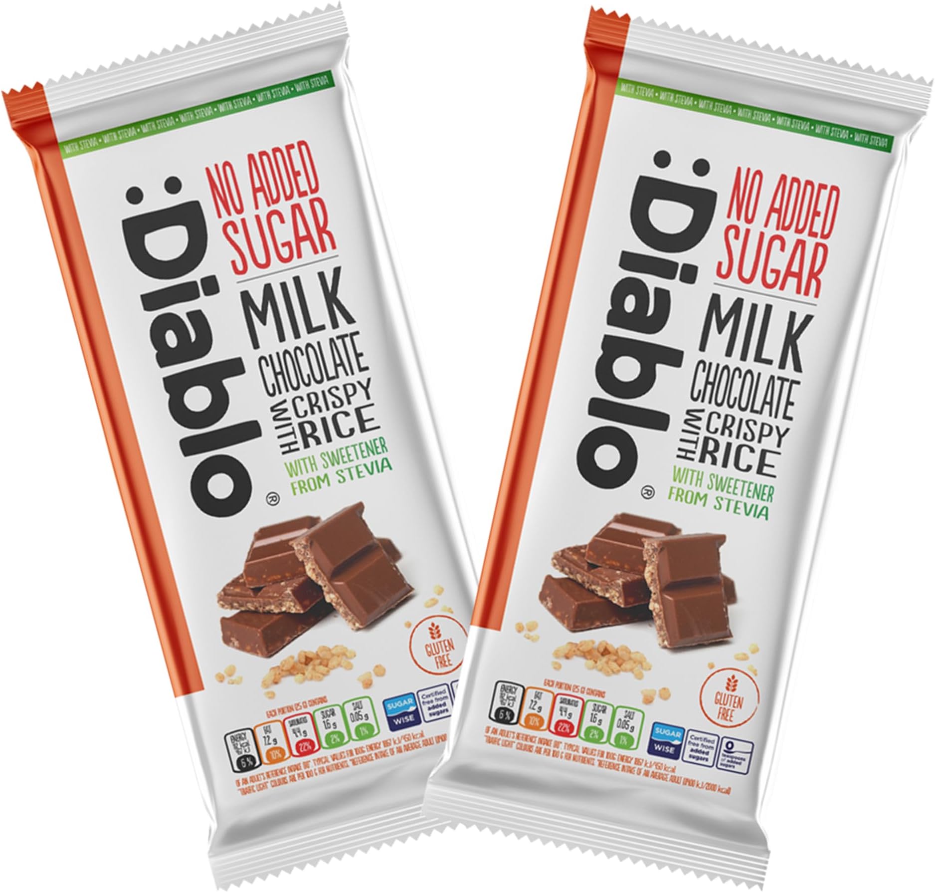 Diablo No Added Sugar Chocolate Bar – Milk Chocolate with Crispy Rice, Sweetened with Stevia, Gluten Free, Ideal for Any Occasion, Birthdays, Valentines, or Gift Hampers, 75g (Pack of 2)