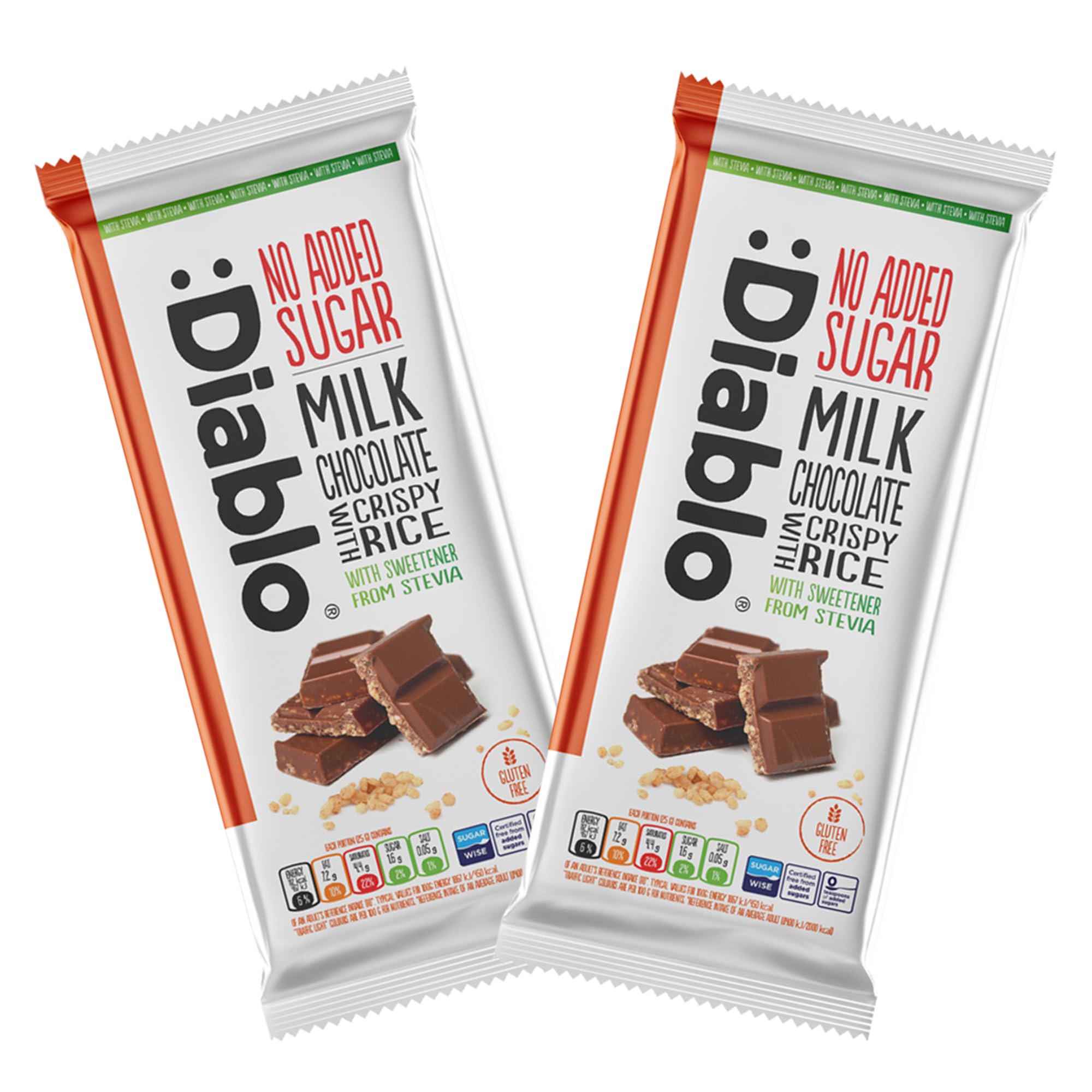 Diablo No Added Sugar Chocolate Bar – Milk Chocolate with Crispy Rice, Sweetened with Stevia, Gluten Free, Ideal for Any Occasion, Birthdays, Valentines, or Gift Hampers, 75g (Pack of 2)