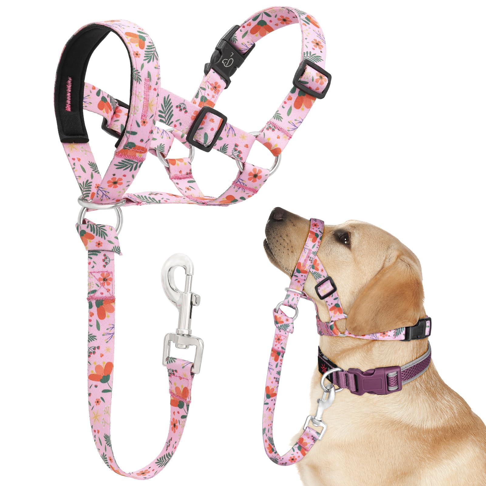 Ezierfy Dog Head Collar, Printed No-Pull Headcollar, Adjustable Dog Head Halter Gentle Lead with Safety Link, 3 Colors Muzzle Leash for Medium Dogs Easy Walks(Mimosa)
