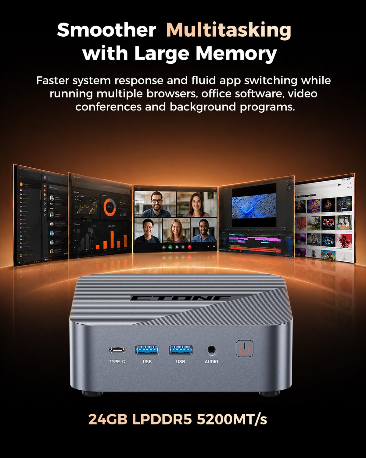 CTONE Mini PC Büro i5-12450H, 24GB RAM, 1TB SSD, Wiηdows 11 Pro,WiFi 6 | Bereit für moderne KI-Software – 24 GB LPDDR5 und bis 4,4 GHz für KI-gestützte Office-Aufgaben, Recherche und Multitasking.