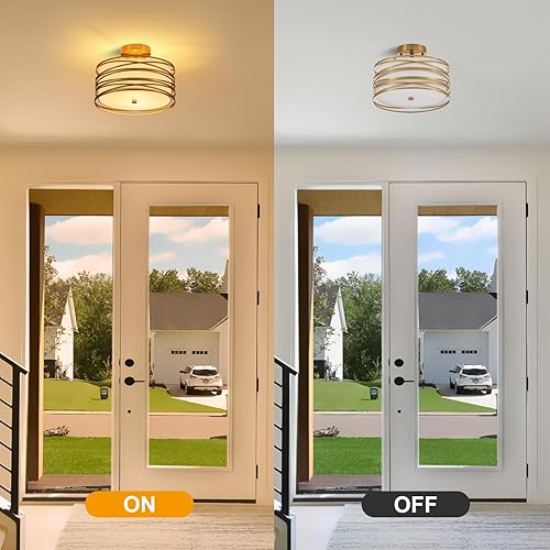 Miniatura 8 de Drum Semi Flush Mount Ceiling Light Fixture Vintage 12.2“ Modern Farmhouse 2-Lights Linen Drum Ceiling Lighting Rustic Golden Ceiling lamp for