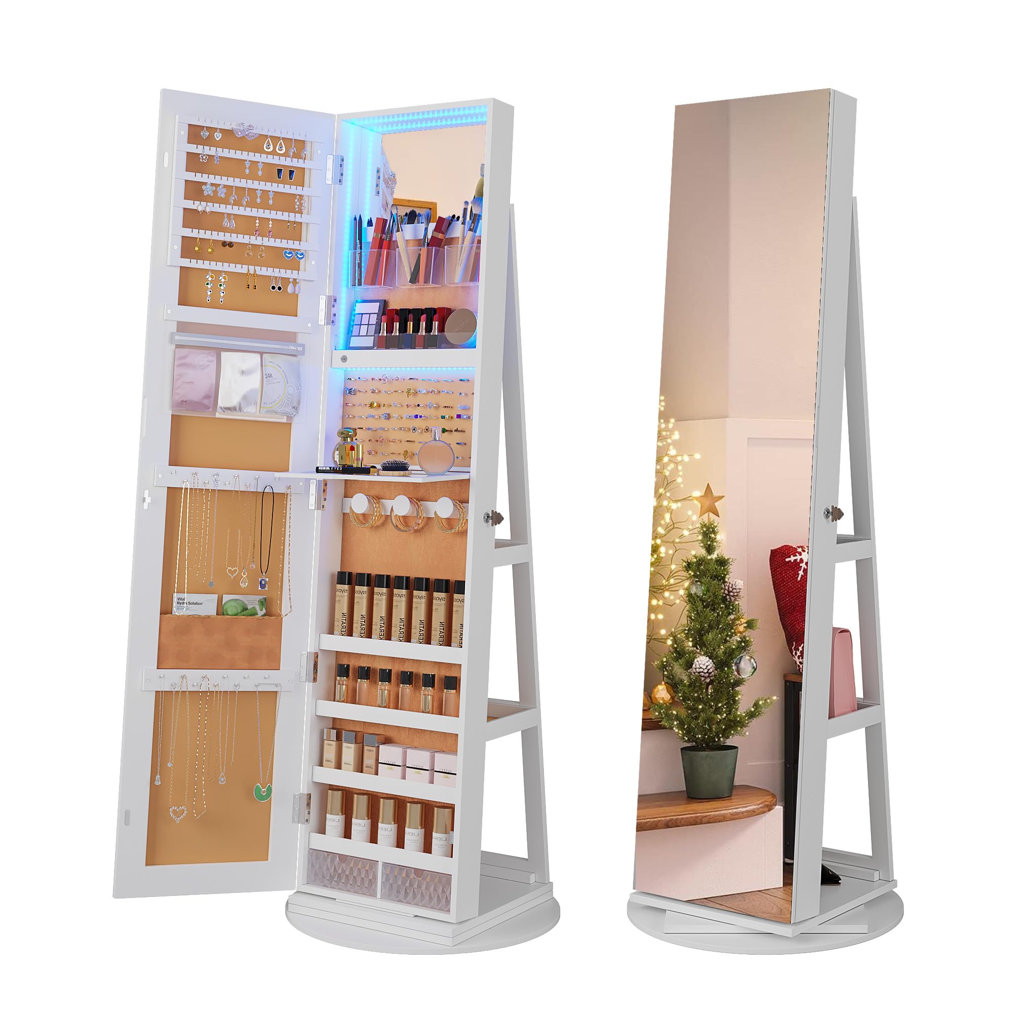 HNEBC 360° Swivel Jewelry Cabinet with Lights, Standing Jewelry Armoire Organizer, Rotatable Jewelry Mirror, Full Length Mirror with Jewelry Storage,Large Jewelry Organizer with Lockable (D-White)
