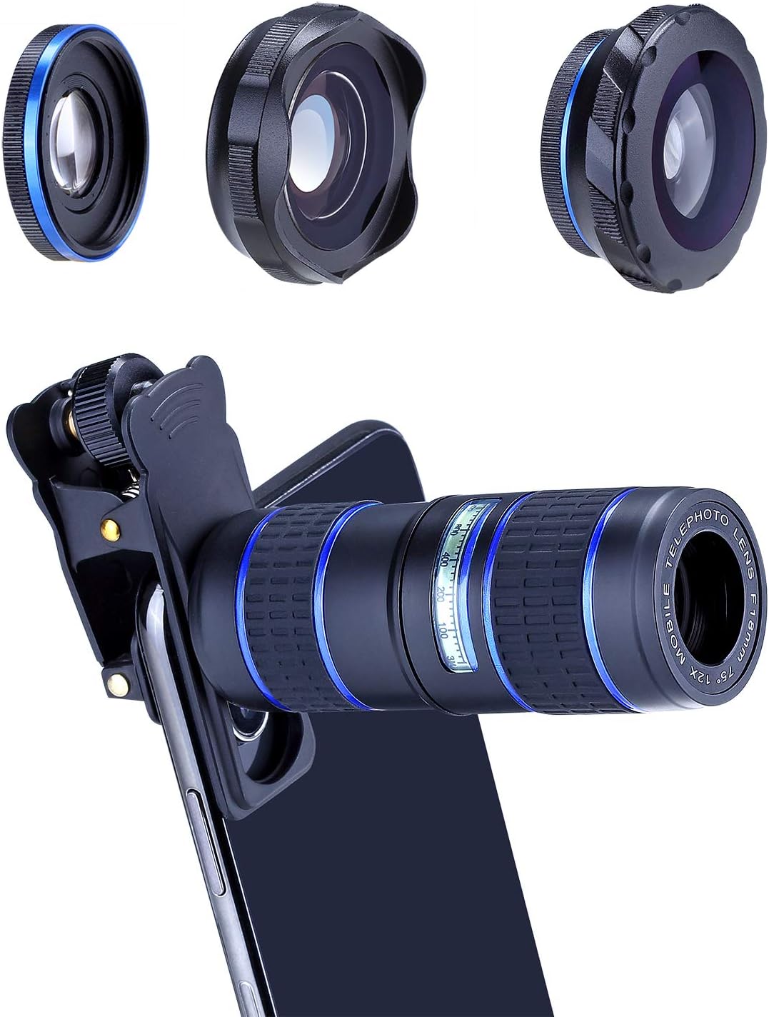 Phone Camera Lens Kit 12x Telephoto Lens 180° Fisheye Lens 0.36x Super Wide Angle Lens Macro Lens Suit for iPhoneXS Max/X/XR/8/7/6 Andriod (Blue)
