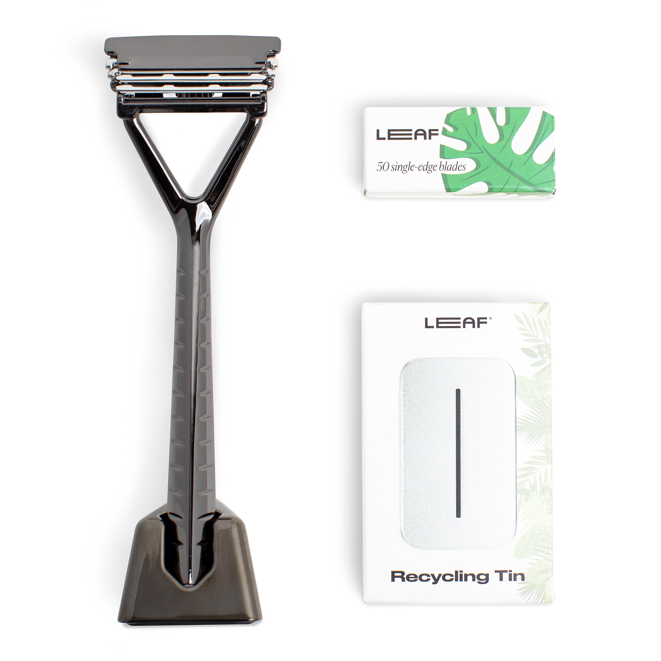 Leaf Shave Leaf Razor Set All-Metal Safety Razor with Pivoting Head Adjustable Blade Loading Includes Matching Stand 50
