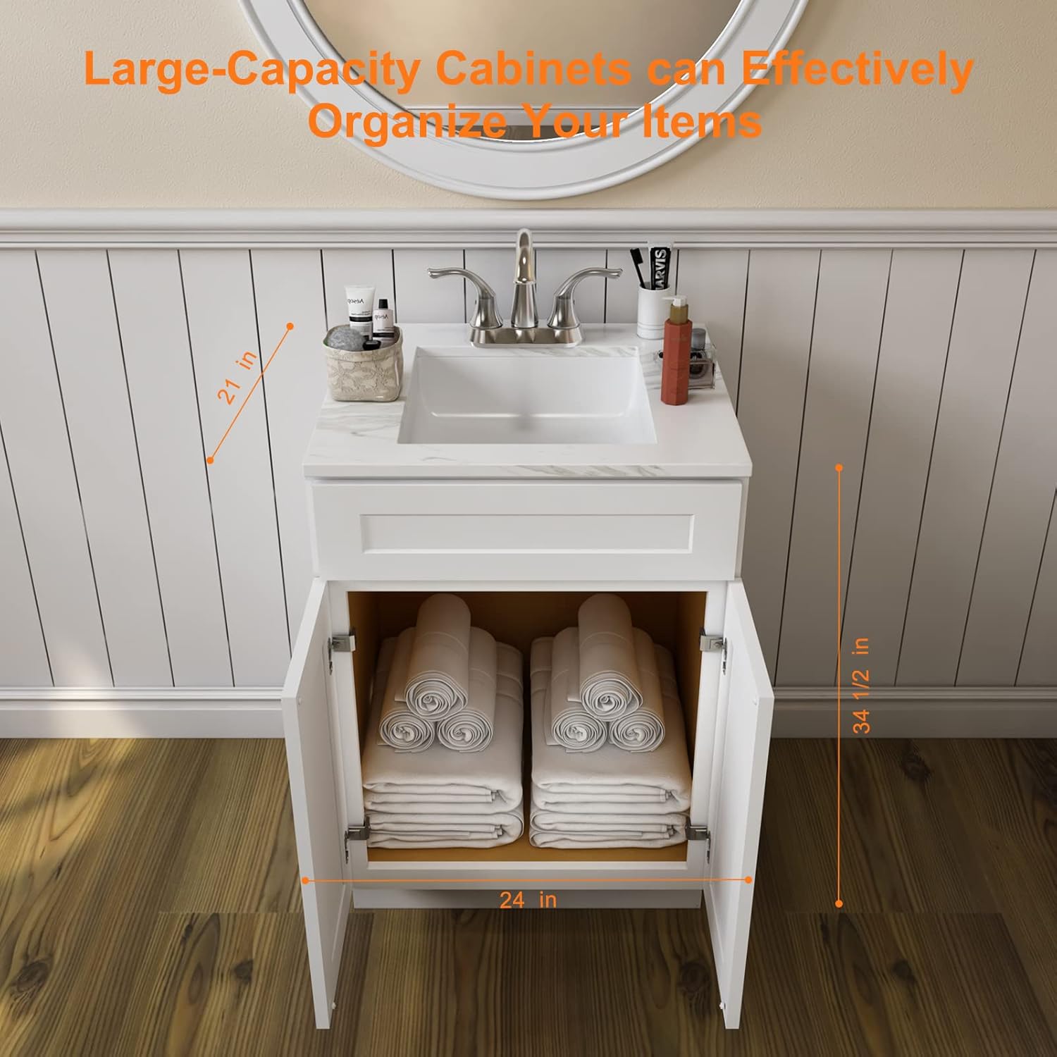 ROOMTEC Bathroom Cabinet, 24'' Free Standing Single Bathroom Vanity with 1 False Drawer and 2 Doors,Morden Bathroom Sink Vanity Storage Cabinet, Shaker White