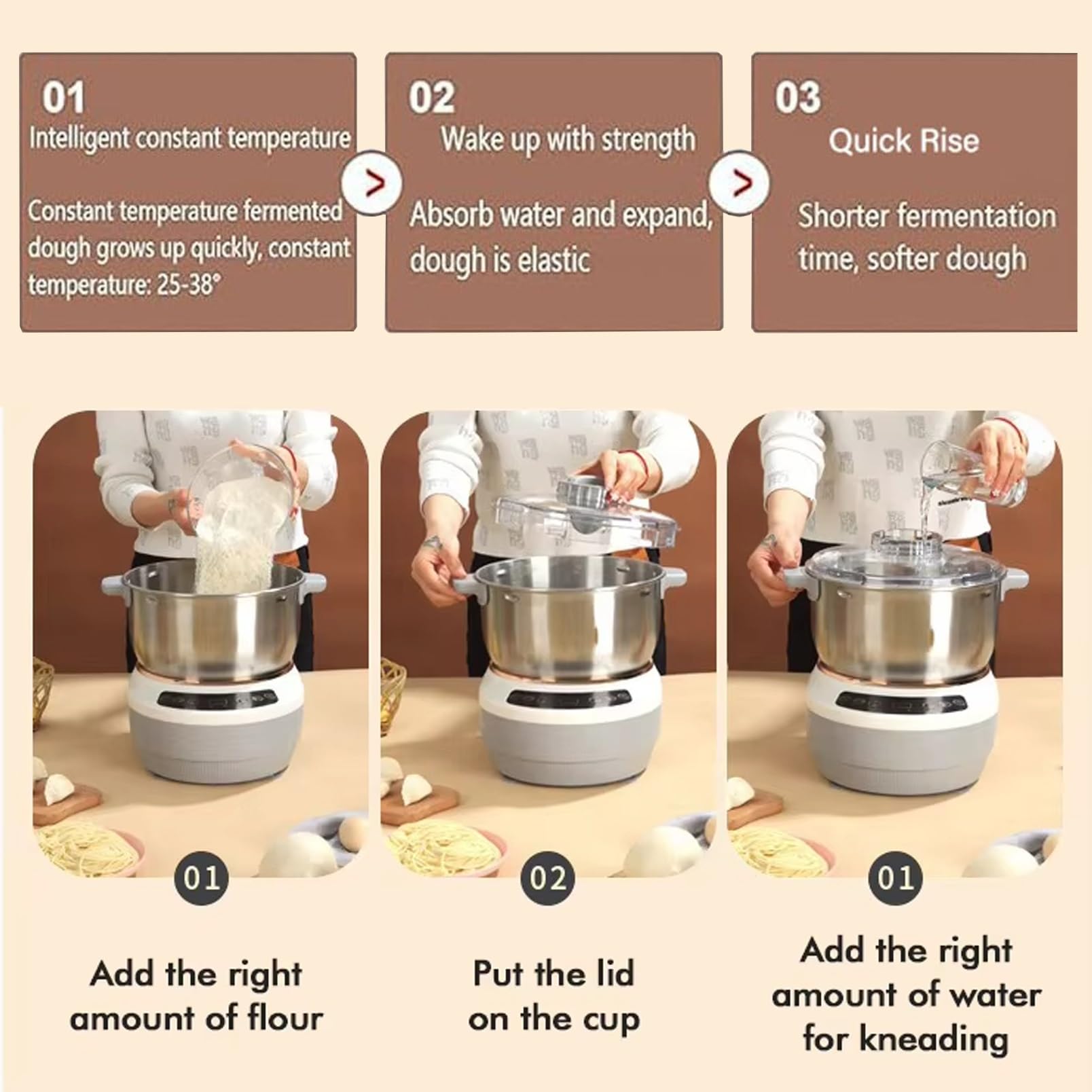 Amasadora eléctrica con función de fermentación, diseño antiadherente para hornear y tostar en la cocina, capacidad de 5 l, ideal para panaderos caseros.