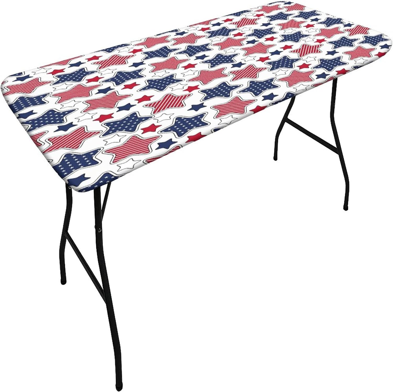 Elastic Tablecloth for 8ft Rectangle Tables, Polyester Fitted Table Covers with USA Design, 36"×96",Star Figures with American Flag Print Folding Table Cloth, for Home Picnic Party Holiday Travel
