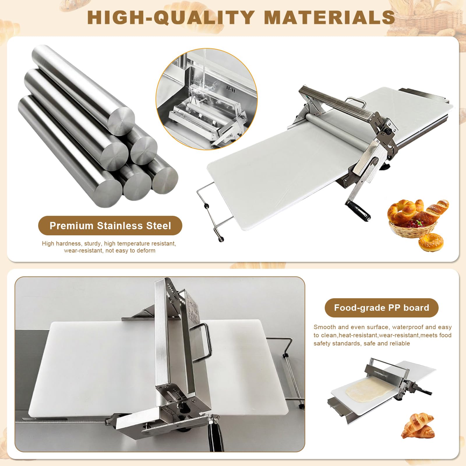 Macchina per sfogliare l'impasto, rullo manuale con spessore regolabile per croissant, pizza e pasticceria, struttura resistente in acciaio inossidabile