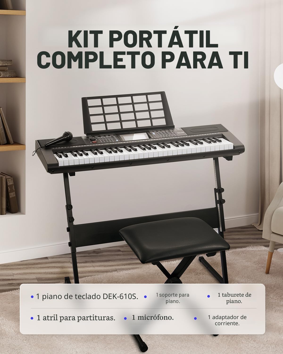 Donner Keyboard Piano 61 Key, Kit de teclado eléctrico con 249 voces, 249 ritmos - Incluye soporte de piano, taburete, micrófono, regalo para principiantes, negro (DEK-610S)