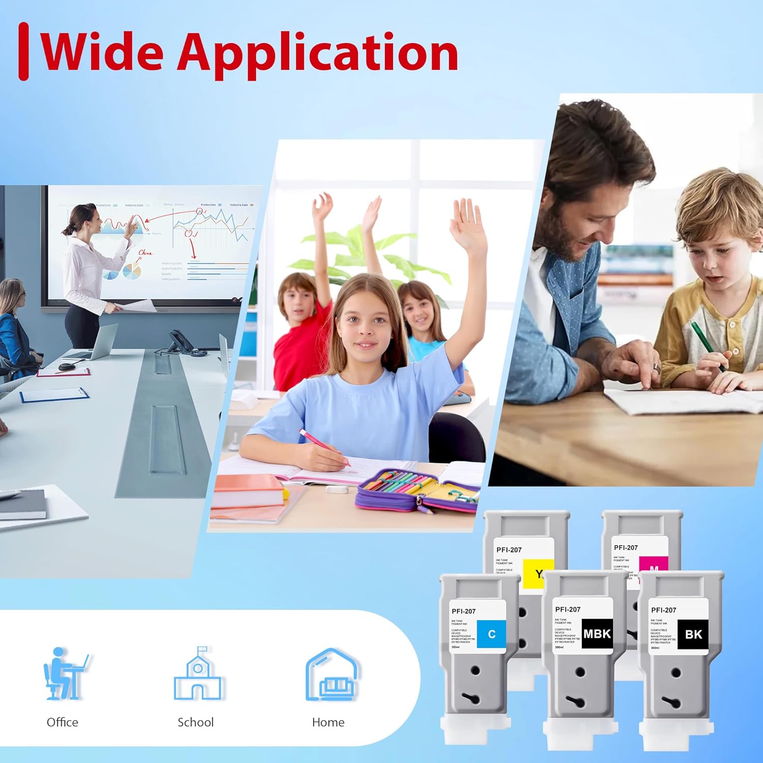 PFI-207 Ink Tank 300ml Replacement for Canon PFI207 PFI-207MBK PFI-207BK PFI-207C PFI-207M PFI-207Y Ink Cartridge for ImagePROGRAF IPF680 IPF685 IPF780 IPF785 Printer (5-Pack, BK/MBK/C/Y/M)