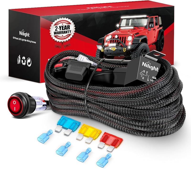 Kit Chicote Elétrico Nilight para Barra e Faróis LED Off-Road 12 V com Relé, Fusível e Interruptor