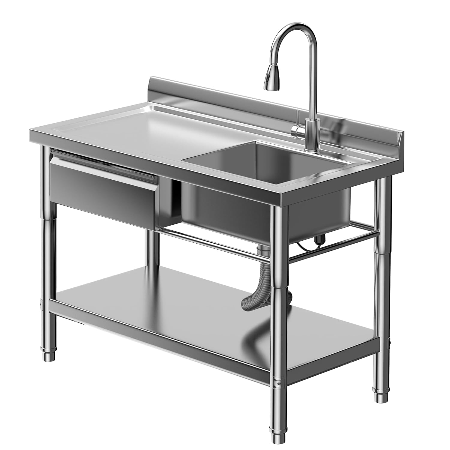 GarveeTech 39.4" Commercial Stainless Steel Utility Sink – Free Standing Single Bowl with Drawer & Hot/Cold Water Pipe for Kitchen, Laundry Room, Garage, Restaurant | Heavy-Duty Sink Station