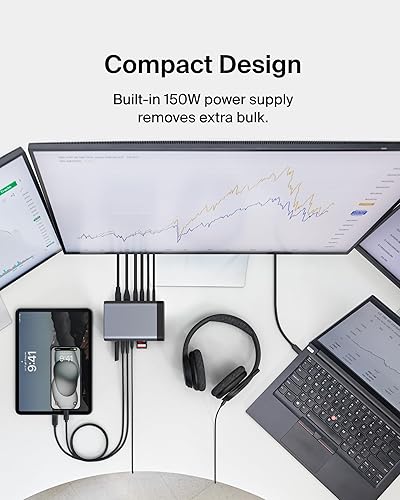 Vista 7 de Belkin Concentrador USB-C, 11 en 1 Pro GaN Dock 150W, estación de acoplamiento multipuerto con USB-C, USB-A, Ethernet, SD, MicroSD, puerto de 0.138