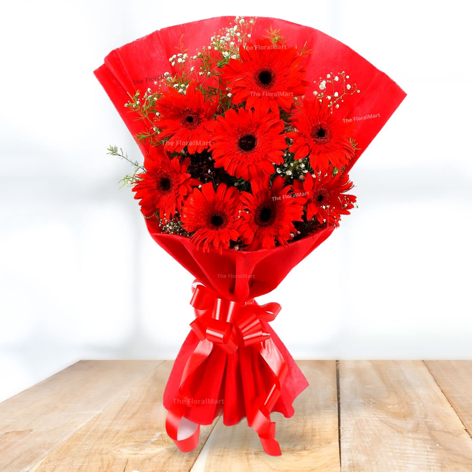 Fresh Flowers Bouquet of 08 Red Gerberas & Seasonal Fillers in One Side Paper Wrapping, For Birthday, Anniversary or Any Occasions.-image-23