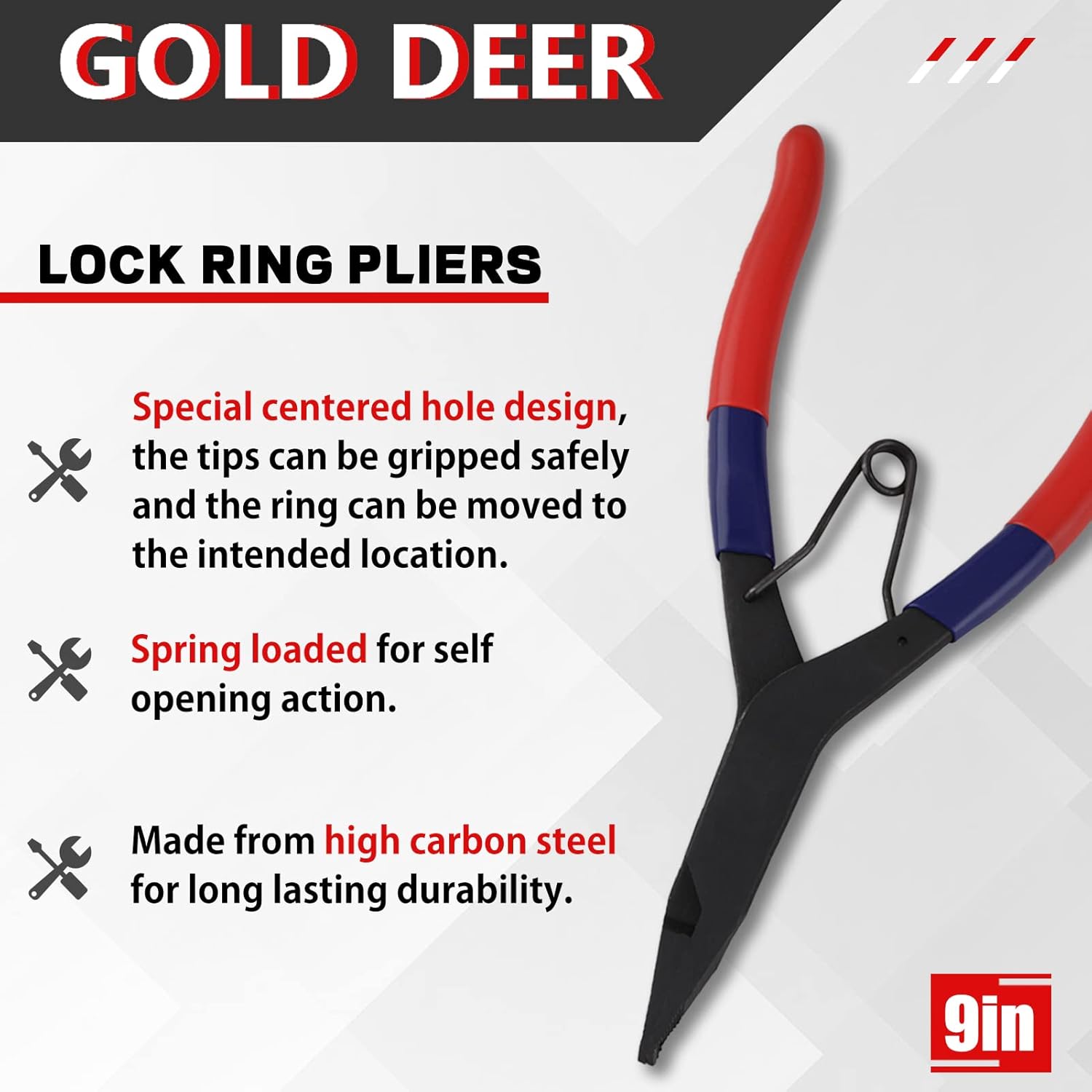 Angle Tip Lock & Retaining Ring Pliers - Spring Loaded, 9" Special Circlip Horseshoe Washer Pliers