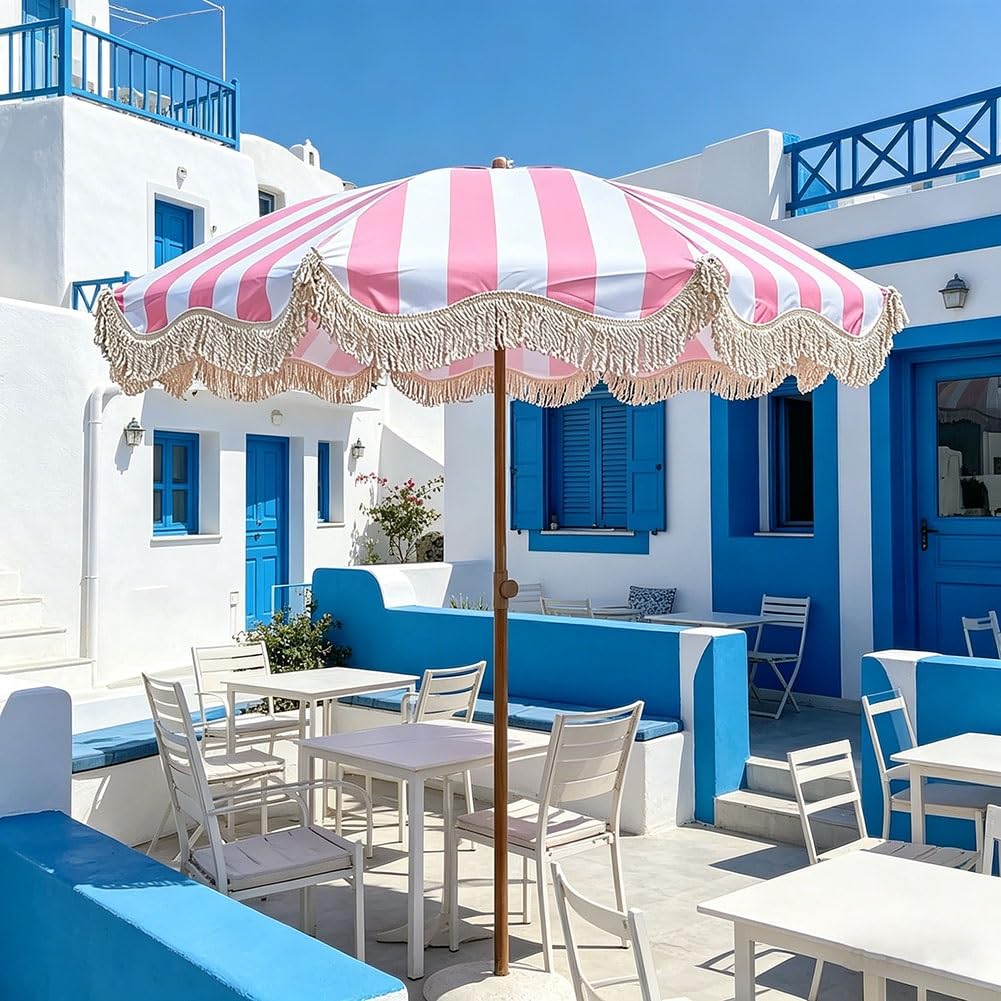 Sombrilla de jardín de 200 cm a rayas rosas, sombrilla de playa boho con flecos, inclinable y altura ajustable, UPF 50+, para piscina, patio, terraza