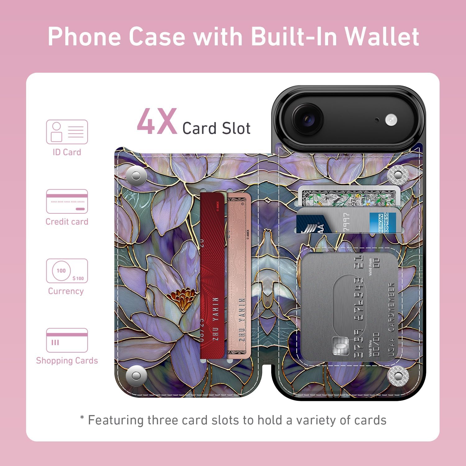 FUNMIKO for iPhone 17 Air Wallet Case with Card Holder, RFID-Blocking, Military-Grade Protection & UV-Printed Artwork, Magnetic Closure with Leather Kickstand - Dreamy Lotus - Image 2